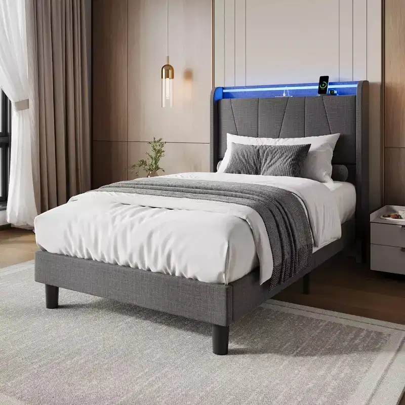 Upholstered Platform Bed Frame with LED Lights & Charging Station