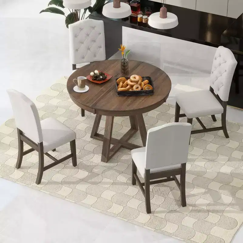 Whisen Retro Style 5-Piece Extendable Dining Set with 4-Botton Tufted Upholstered Chairs