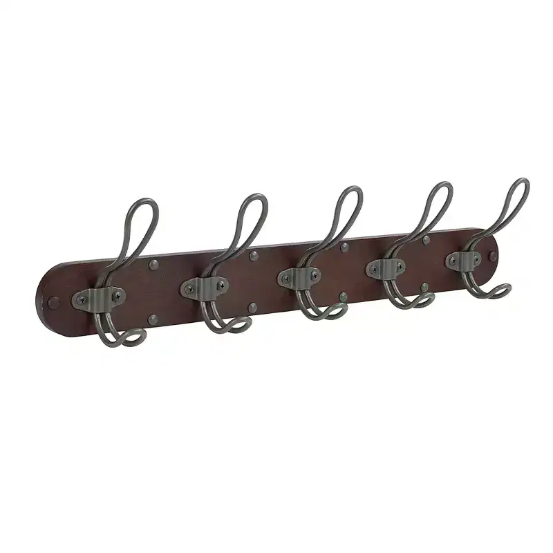 Wall Mount 5-Hook Wood Rack, Rustic Metal and Wood, Multicolored