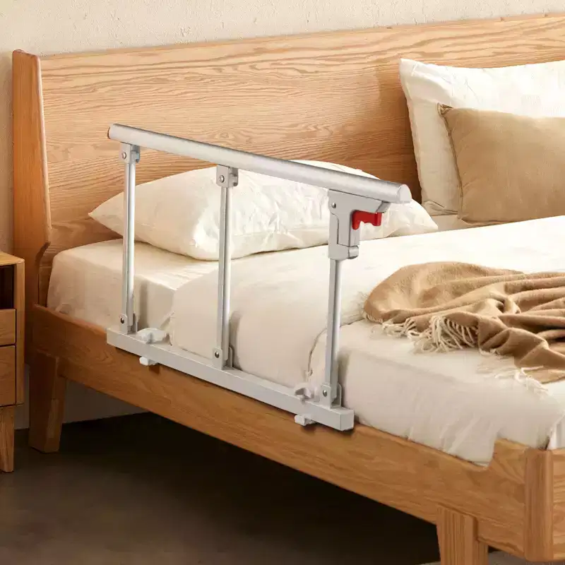 Foldable Bed Rail for Elderly, 28 in Bedside Assist Rail with Fixing Strap, Adjustable Height Pipe Bedside Cane, High-Strength Metal, White