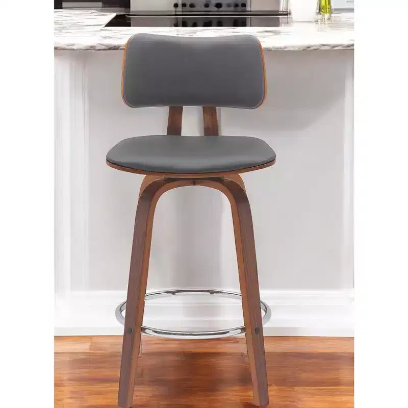 HomeRoots 26 Gray And Wood Brown Faux Leather Swivel Low Back Counter Height Bar Chair