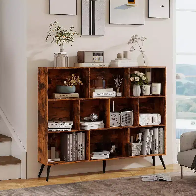 COZONY 10-Cube 3-Tier Bookshelf with 5 Iron Legs, Wooden Freestanding Open Shelf Storage Organizer for Home Office Living Room Bedroom