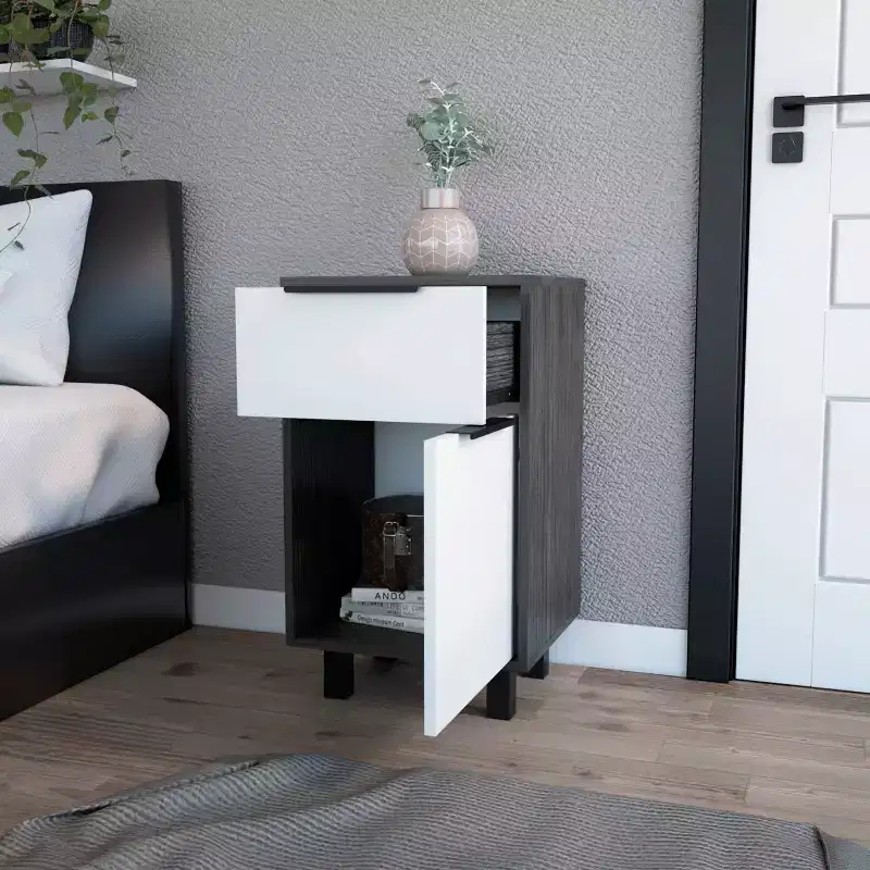 Nightstand with Drawer and Cabinet, White