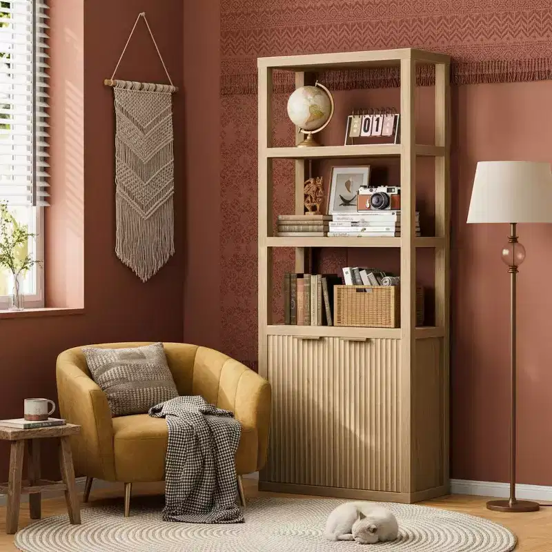 5 Tier Bookcase with Doors Tall Storage Shelf Wood Display Cabinet Standing Bookshelf for Living Room Home Office Organizer