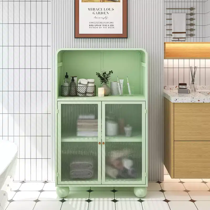 Okak 45.2 Bathroom Storage Cabinet with Tempered Glass Door,Freestanding Storage Cabinet with 2 Doors & 1 Open Shelf for Kitchen & Bathroom