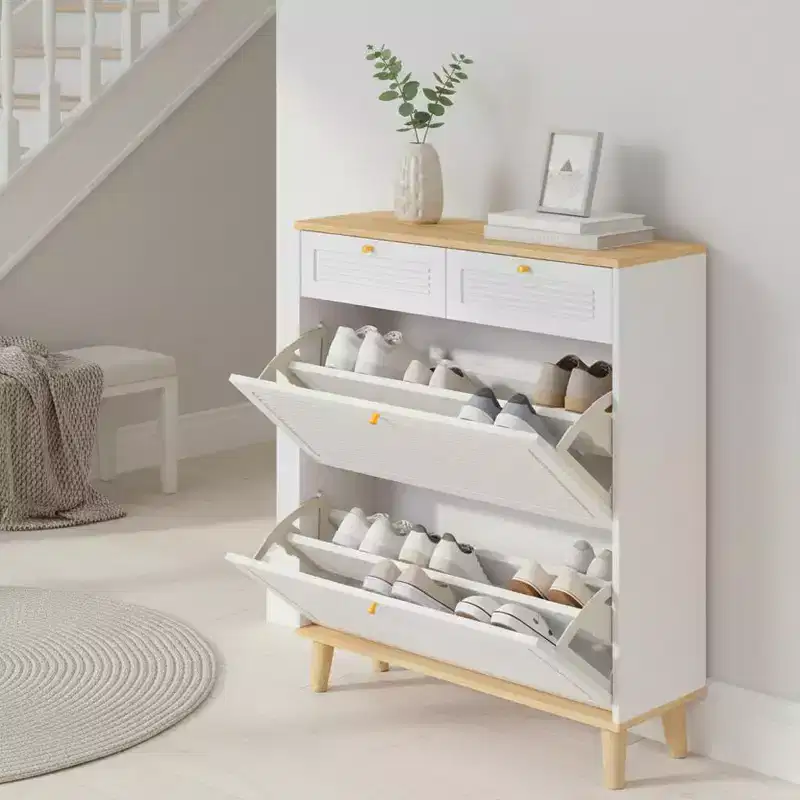 Shoe Storage Cabinet with 2 Flip Drawers and 2 Top Drawers for Entryway or Bedroom, Oak White