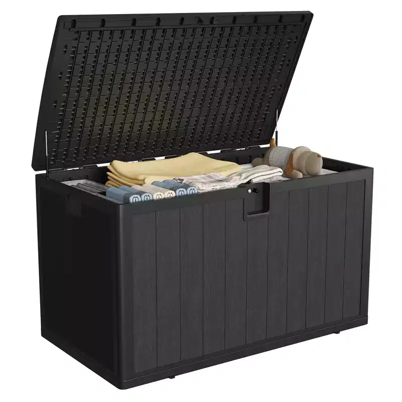 130 Gallon Deck Box, Waterproof Resin Outdoor Storage with Lockable Lid, for Patio Cushions, Garden Tools & Pool Accessories, Black