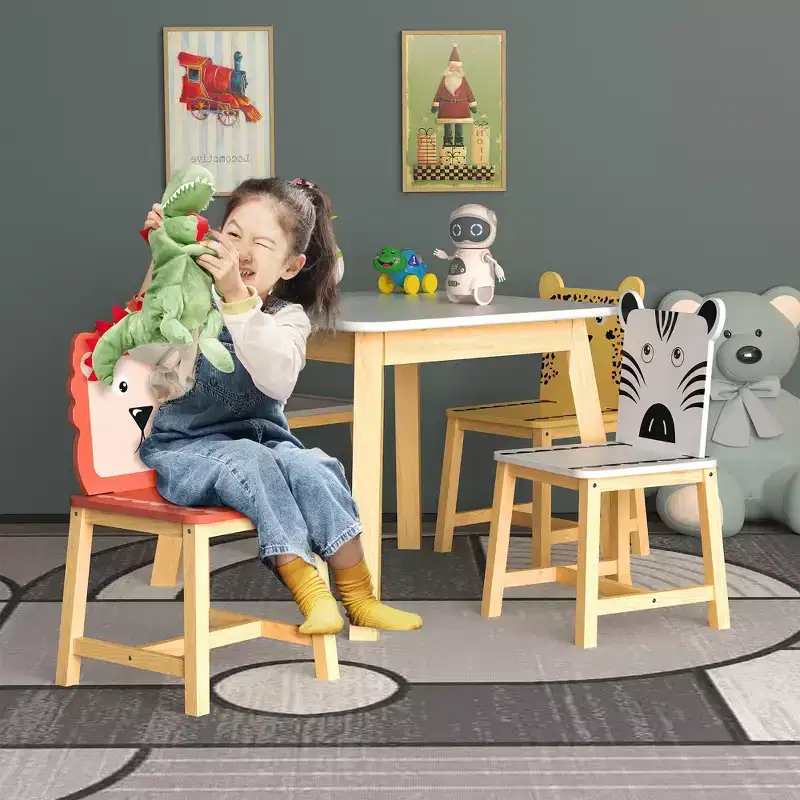 5pcs Kiddy Dining Table Sets, Kids Wood Table with 4 Cartoon Animals Chairs Set 4S - ModernLuxe