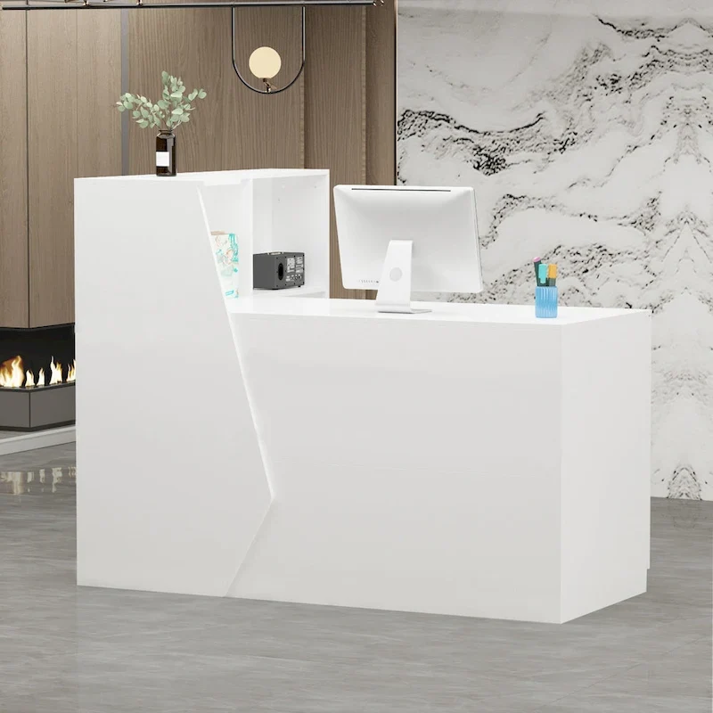 Reception Desk L-Shaped Front Counter Table w/ Storage Shelf by Timechee