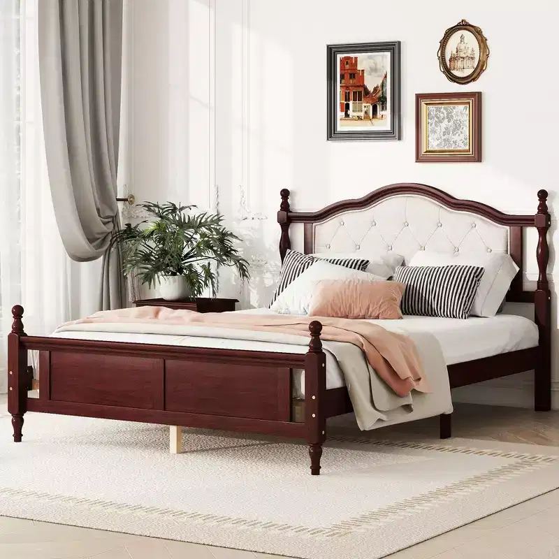 Whisen Queen Pine wooden Bed with Upholstered Headboard and Panel Footboard