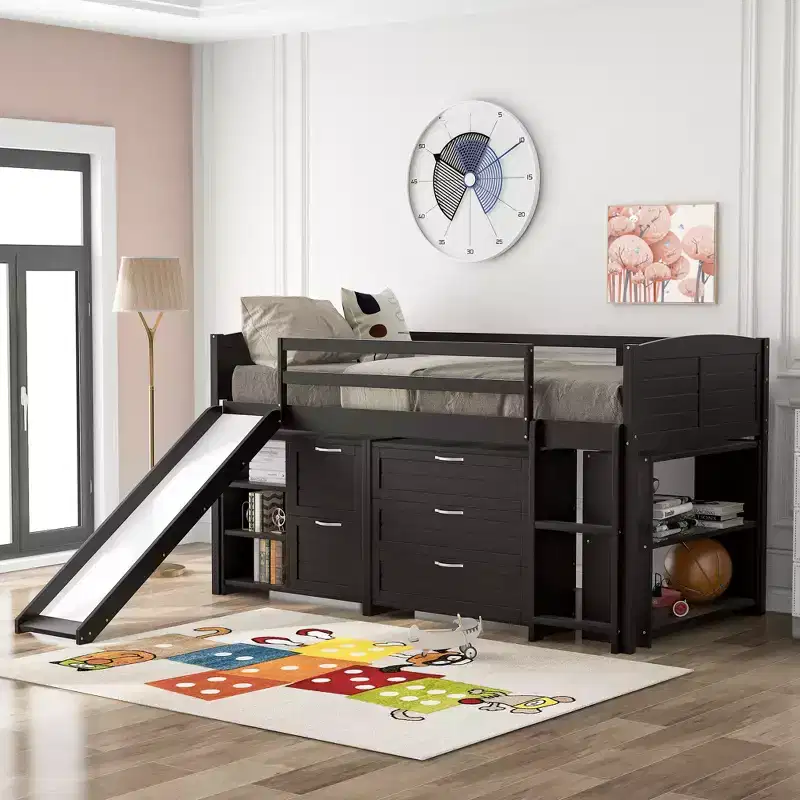 Twin Loft Bed with Slide, Wood Loft Bed Twin Size, Low Twin Size Loft Bed Frame with Cabinets and Shelves