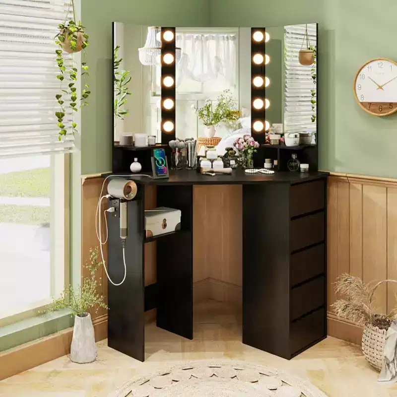Corner Vanity with 3-Color Adjustable Mirror, Vanity Desk with Power Outlet, Makeup Table with Ample Storage for Living Room Corner