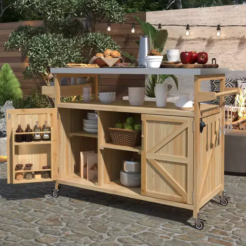 Outdoor Kitchen Island with Stainless Steel Top, Wooden Kitchen Cart with Doors, Shelves and Spice Rack, Rolling Kitchen Island