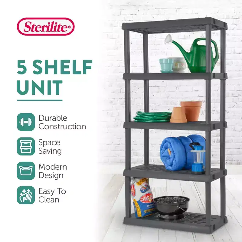 Sterilite 5 Shelf Unit, Heavy Duty, Easy to Assemble Plastic Storage Shelving, Organize Shelves in the Garage, Basement, Attic, Mudroom, 2 Pack, Gray