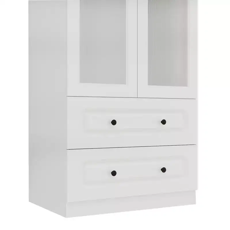 Keloyid White Wood 31.5 in. Armoire with 2 Drawers and 2 Glass Doors