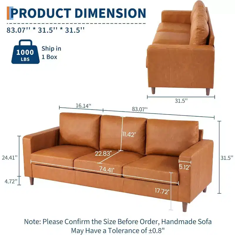 85 Mid-Century Modern Faux Leather Sofa, 3-Seat Couch with Deep Seats, High-Density Foam, Wood Legs, Tan, for Living Room or Office
