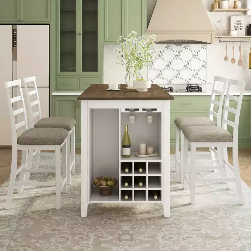 Farmhouse 5 Pieces Counter Height Dining Set with Chairs for 4, Wooden Rectangular Table with Storage Shelves and Bar Wine Compartment