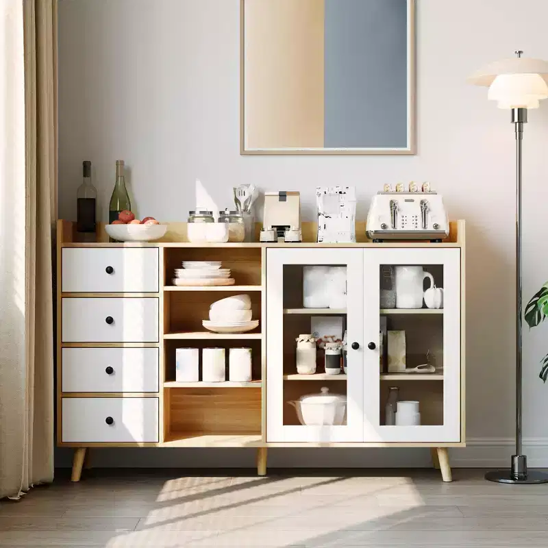 55 Rustic Kitchen Storage Cabinet, Sideboard Cabinet with Drawers - Kitchen Buffet Cabinet with Glass Doors & Adjustable Shelves