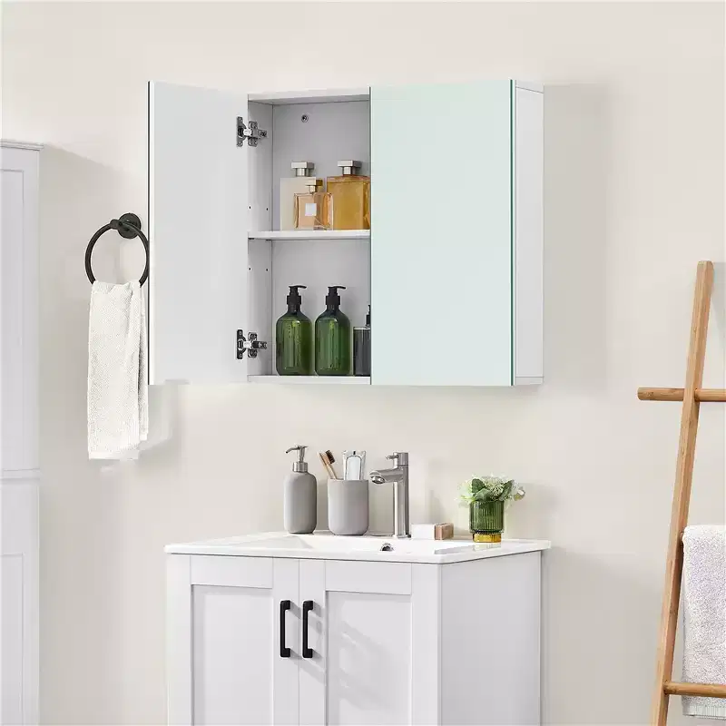 Frameless Mirror Cabinet with Two Mirrored Doors and Adjustable Shelf