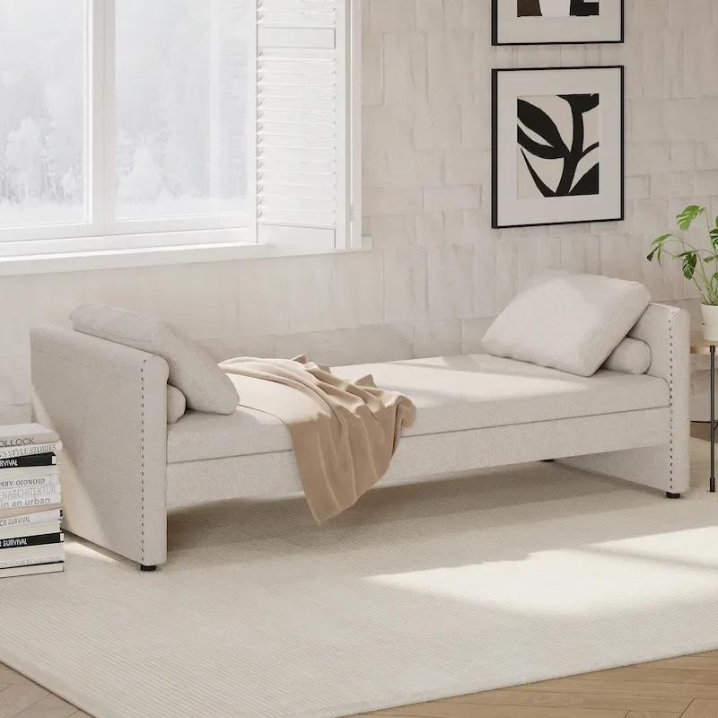Modern Upholstered Chaise Lounger Daybed with Pillows Small Single Daybed,No Mattress Needed,Linen Fabric