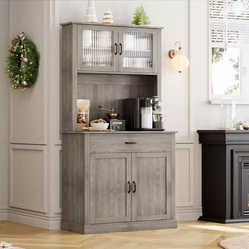 Kitchen Pantry Cabinet with Microwave Stand, 71Freestanding Tall Kitchen Cabinet with Doors and Shelves for Dining Room