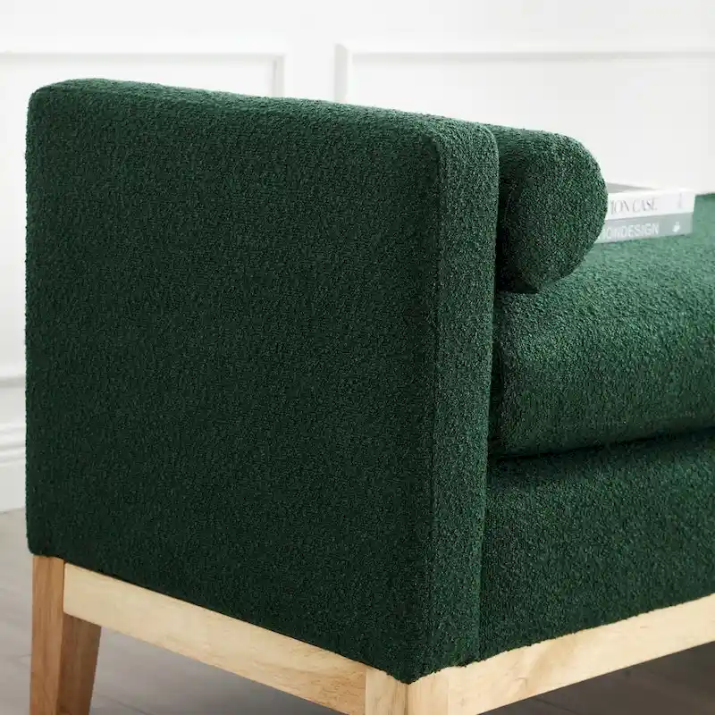 53.5W Elegant Boucle Upholstered Bench, Ottoman with Wood Legs & Bolster Pillows