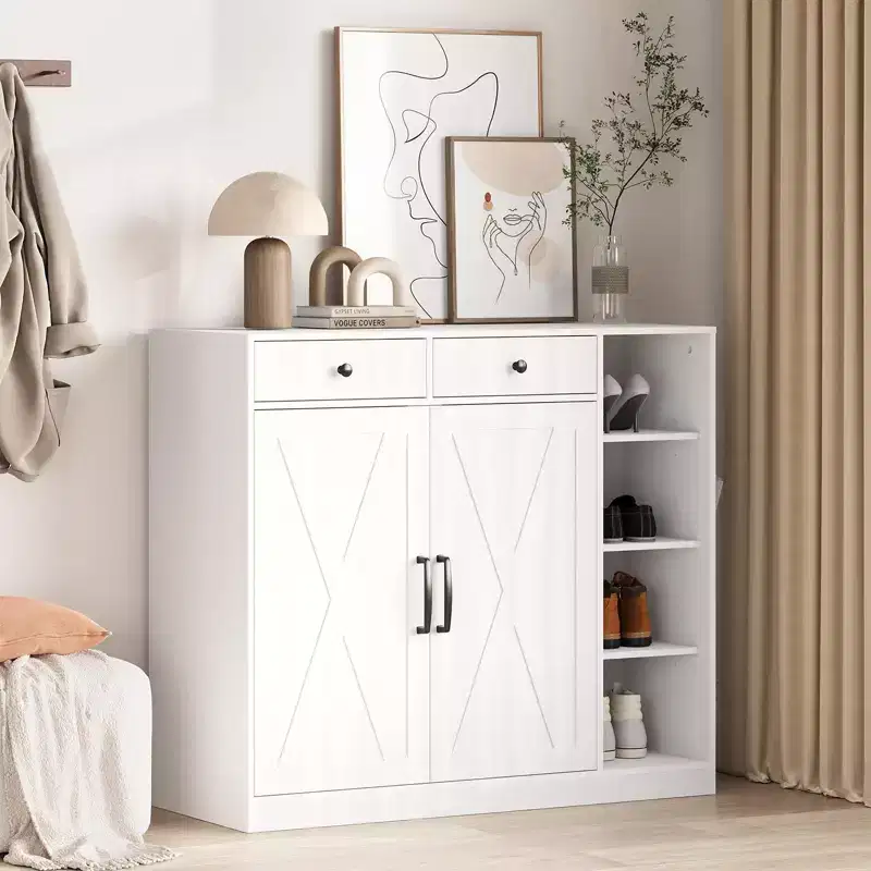 Shoe Cabinet with 2 Barn Doors & 2 Drawers, 7-Tier Entryway Shoe Storage with Adjustable Shelves