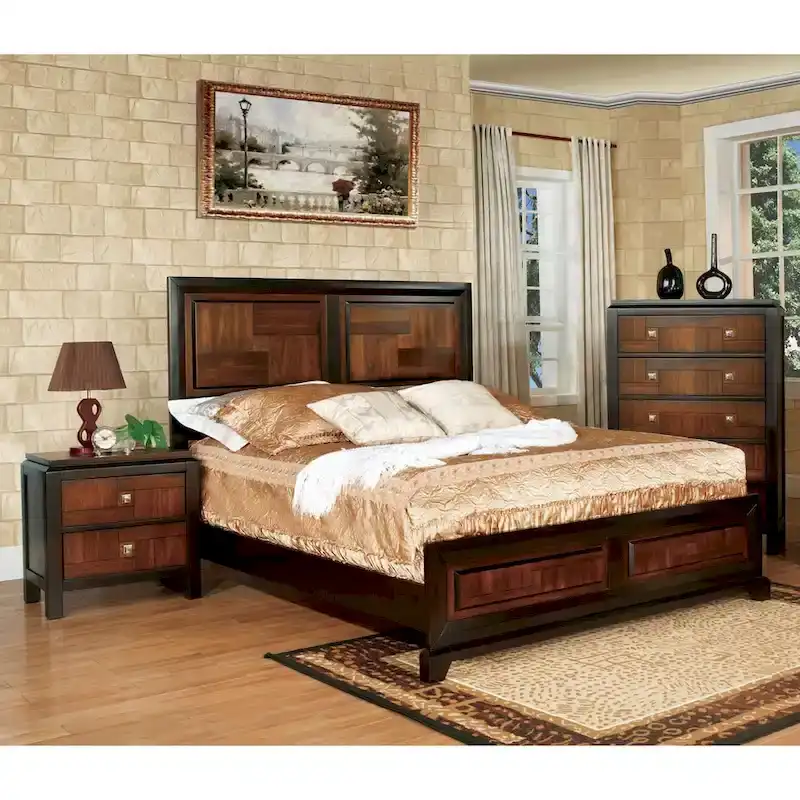 3-Piece Rustic Walnut Solid Wood Bedroom Set, Bed + Dresser + Nightstand, Farmhouse Style