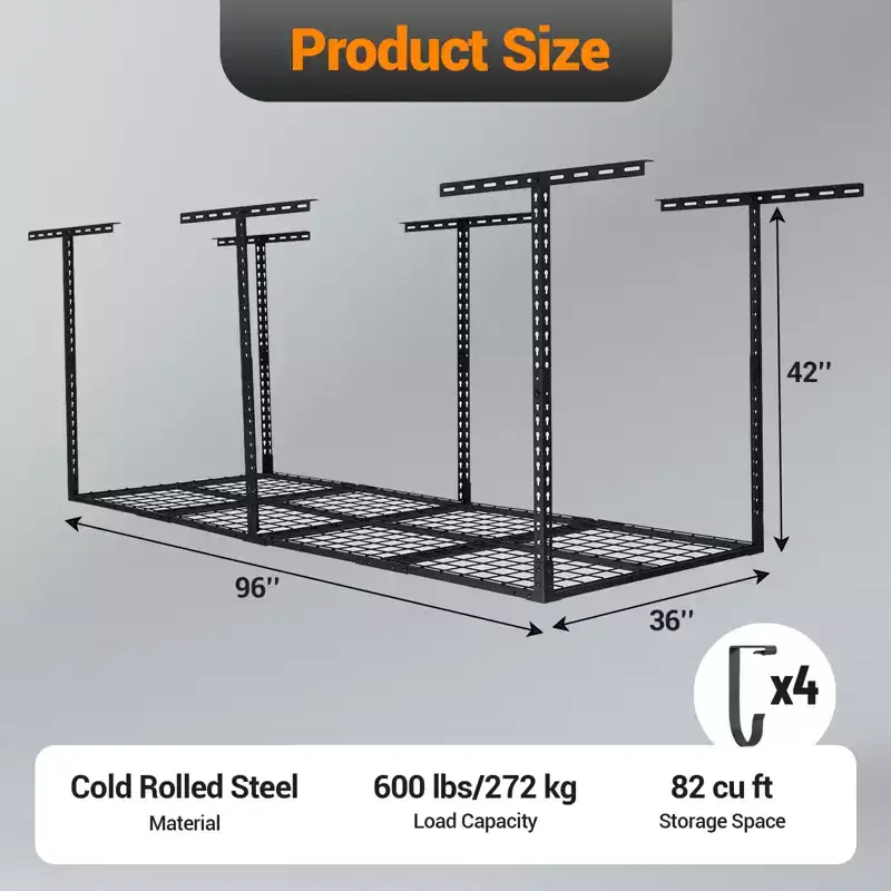 3X8 Ft Heavy Duty Garage Storage Rack, Metal Garage Storage Organization Systerm, Adjustable Ceiling Storage Racks, 600 LBS Weight Capacity