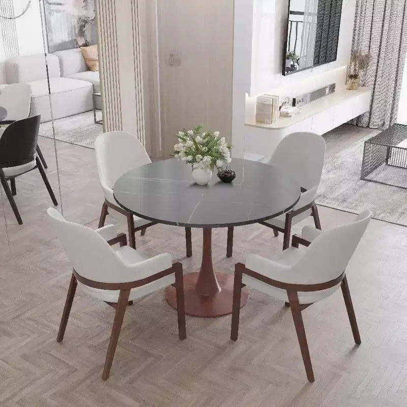 LeisureMod Bristol 40 Round Dining Table with Sintered Stone Top and Walnut Steel Pedestal Base for Modern Kitchen and Dining Room