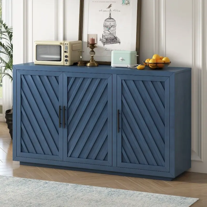 3-Door Large Storage Retro Sideboard with Adjustable Shelves and Black Handles