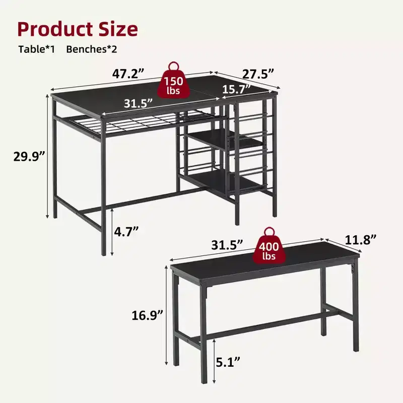 Dining Table Set for 4, Kitchen Table with 2 Benches, Wine Rack and Storage Shelf, Rectangular Dining Room Table Set, 3 Piece Dining Table Set