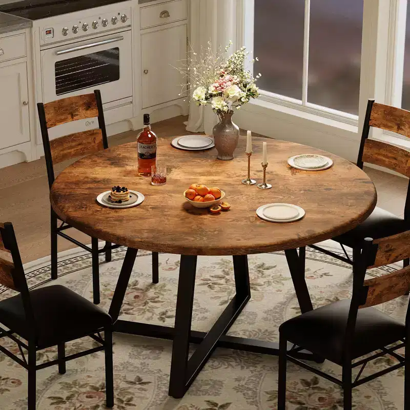 Round Dining Table Set for 4, 5 Piece Circle Wooden Kitchen Dinner Table & Chairs Set for 4, w/ 4 Unpholster Chairs, Sturdy Thick Frame