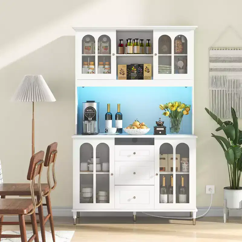 73 Kitchen Pantry Cabinet Kitchen Storage Hutch with LED lights USB Ports Type-C Port AC Outlets Kitchen Utility Cabinet with 3 Drawers