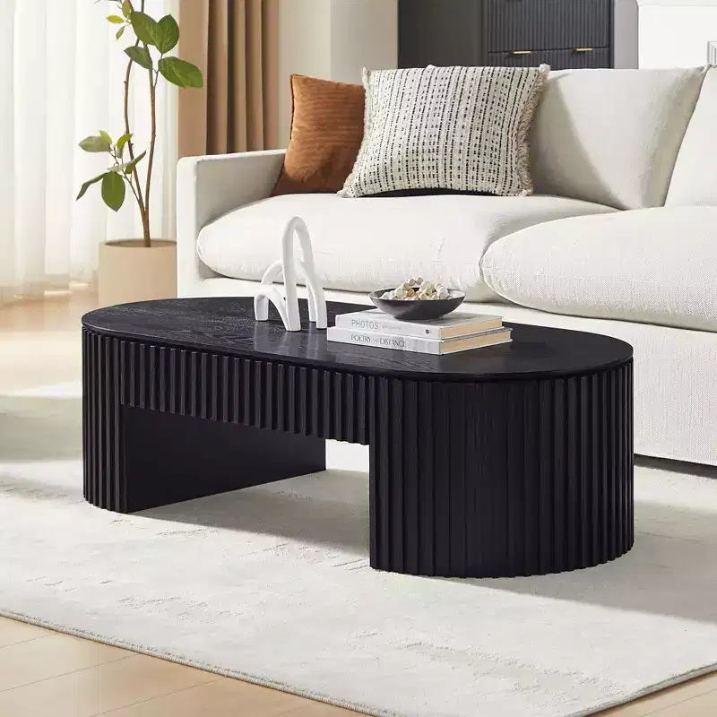 GDFStudio Manuel Modern Wooden Oval Pedestal Coffee Table with Drawer and Handcrafted Relief