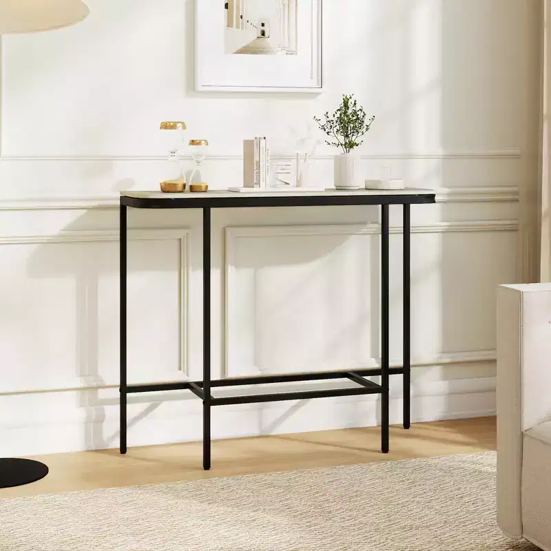 Entryway Table with Faux Marble Top and Metal Frame, Behind Couch Table for Hallway White and Gold/Gray and Black
