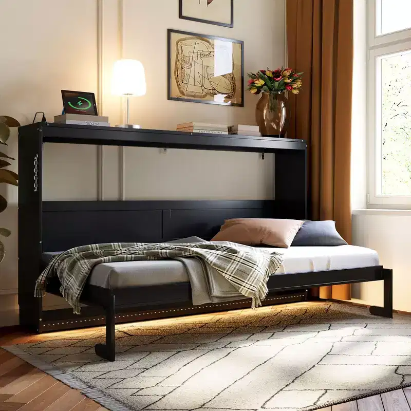 Whisen Twin Modern Side-Folding Murphy Bed & Bed Frame with Trendy Printed Pattern & Built-In USB Outlet