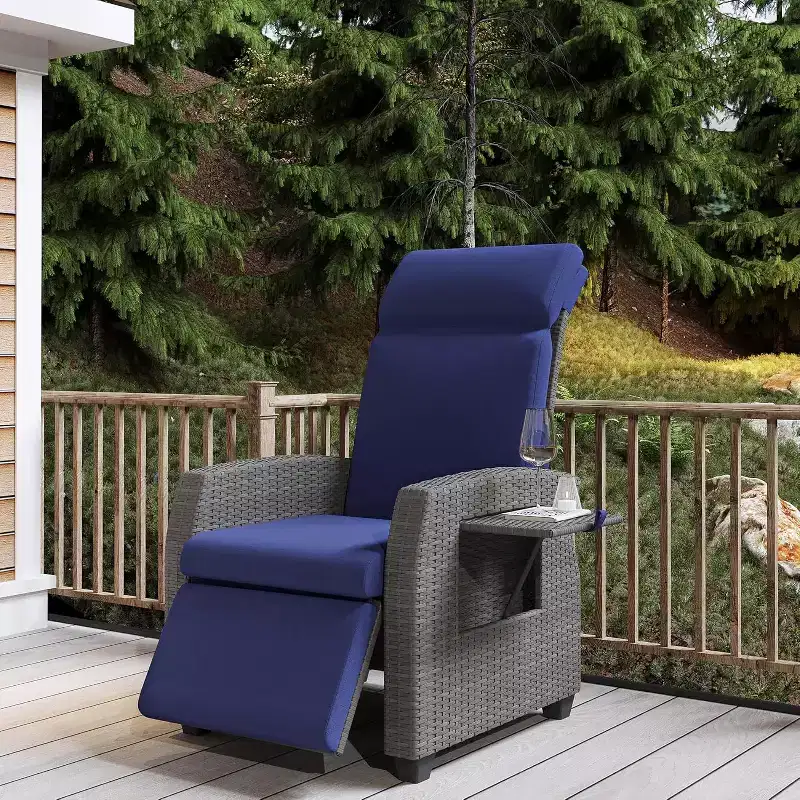 Patio Recliner Chair, Adjustable Back Footrest PE Wicker Weather Resistant with Flip Up Table Air Pump
