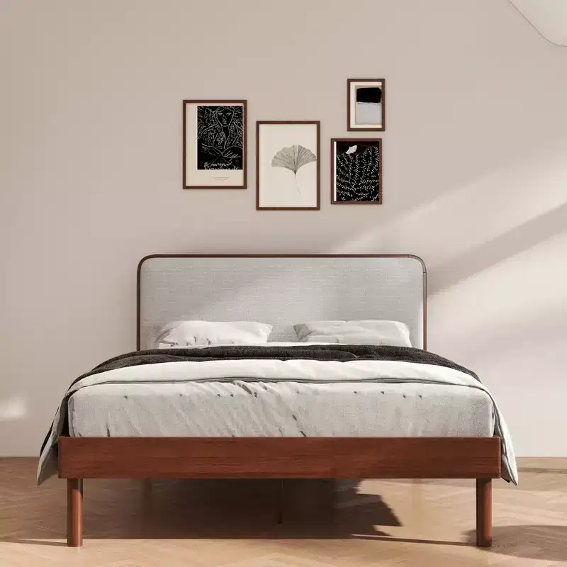 Roundhill Furniture Wyller Rubberwood Platform Bed, Natural Walnut Finish, Queen