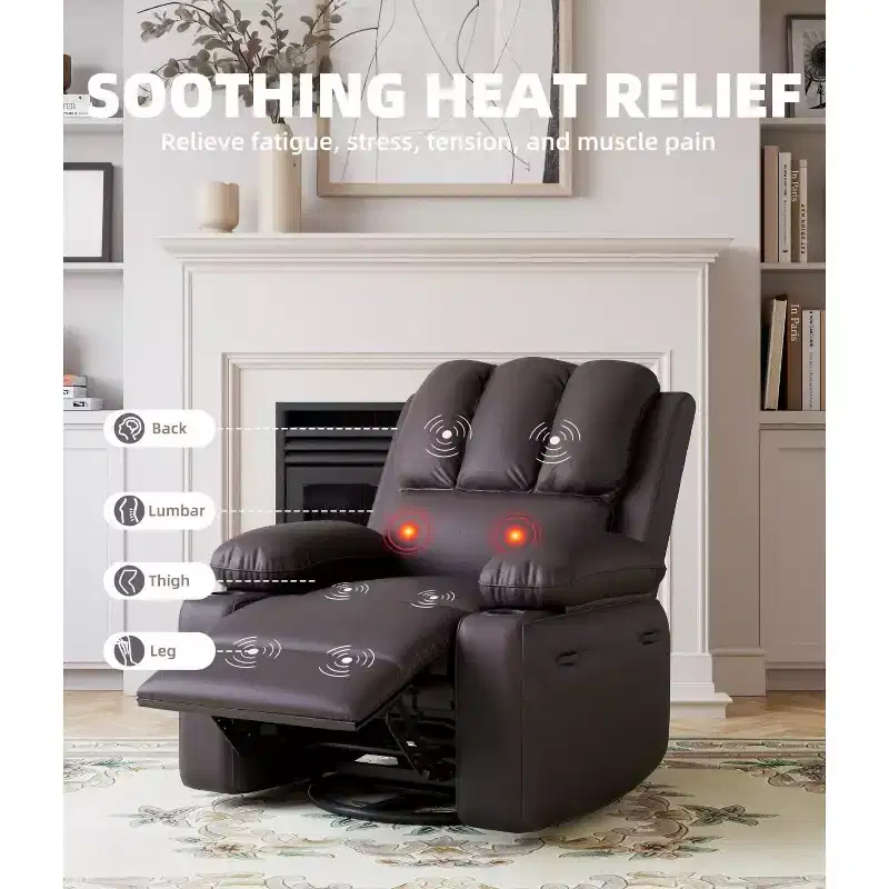 TOPOW Oversized Recliner Chair, 360 Swivel Rocker Recliners with Heat & Massage, Soft High-Density Sponge Recliner with Cup Holder & Side Pocket