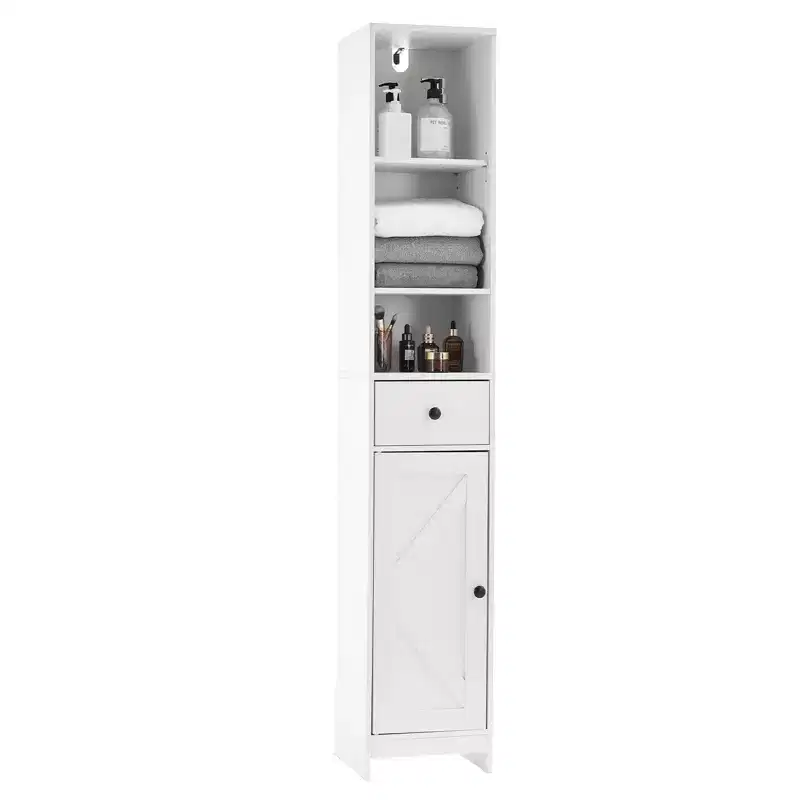 66 in Narrow Storage Cabinet with Single Door and Drawer – Adjustable Shelves for Bathroom, Kitchen, or Living Room