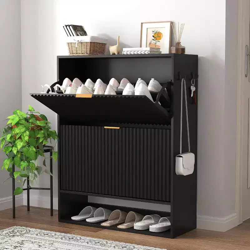 Slim Mid-Century Modern Shoe Cabinet, Flip Drawer Entryway Organizer with Adjustable Dividers and Hooks