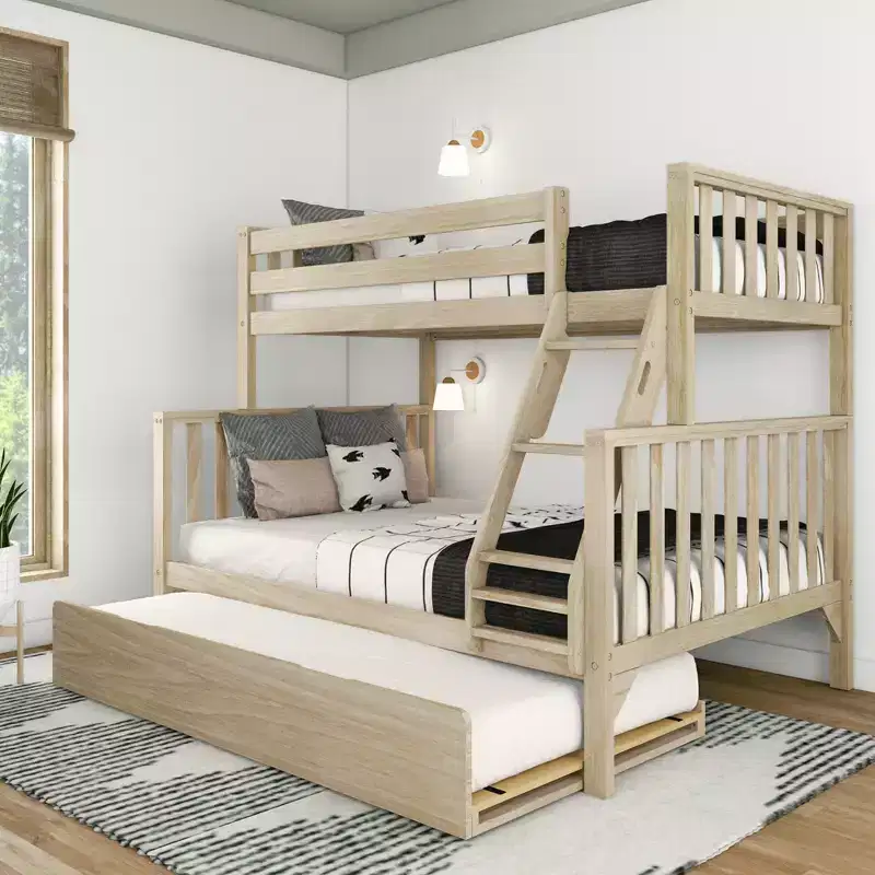 Max & Lily Bunk Bed Twin over Full with Trundle, Solid Wood Scandinavian Style Bunk Beds for Kids