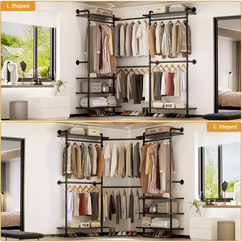 Besiost Garment Rack with Wood Shelves, Closet system Storage Rack