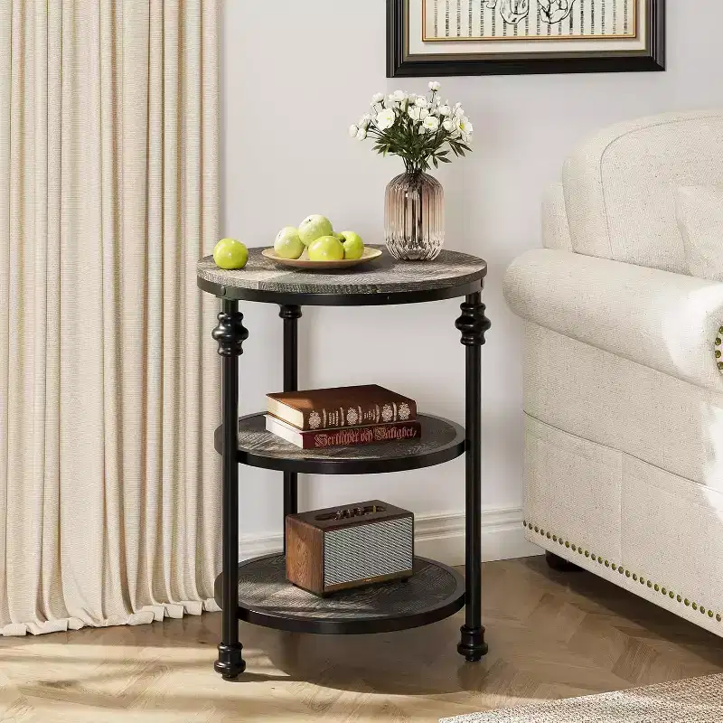 3-Tier Round Side Table – Dark Oak / Retro Color, Metal Frame, 1-Person Use