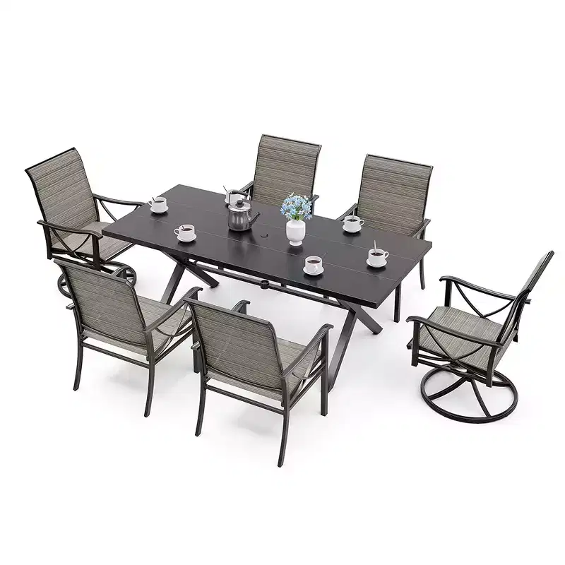 ALAULM Patio Outdoor Dining Set w/Rectangle Steel X-table w/umbrella Hole&Fixed Arm or Swivel Rocking Chairs for Family Party, Lawn,Balcony,Terrace