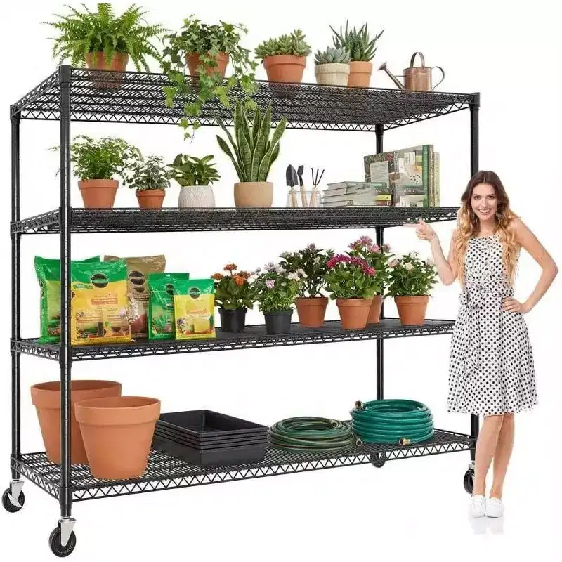 74H Heavy Duty Metal Shelving Unit, 4-Tier Industrial Wire Rack with Wheels, Adjustable Garage Storage