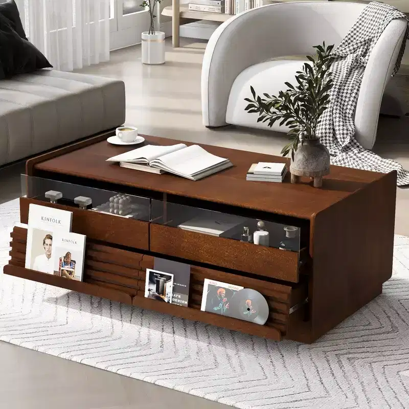 47.2-inch Modern Wooden Rectangular Coffee Table with 4 Drawers and 2 Display Shelves, Tempered Glass Top, Brown