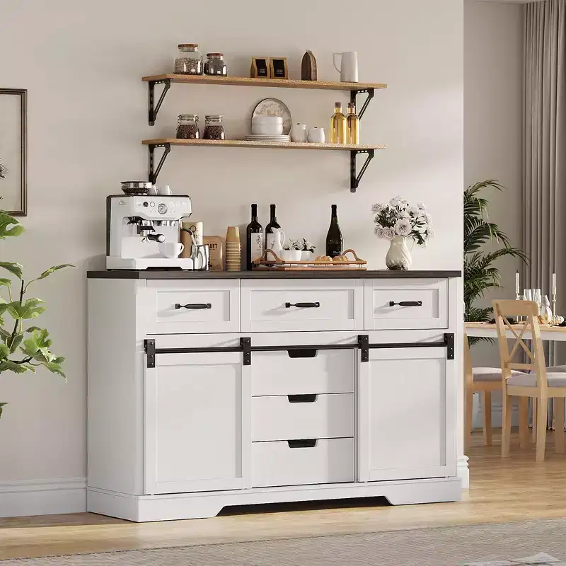 47.2 Farmhouse Buffet Cabinet, Sideboard Cabinet with 6 Drawers, White Coffee Bar with Sliding Barn Doors for Dinning Room, Kitchen, Living Room