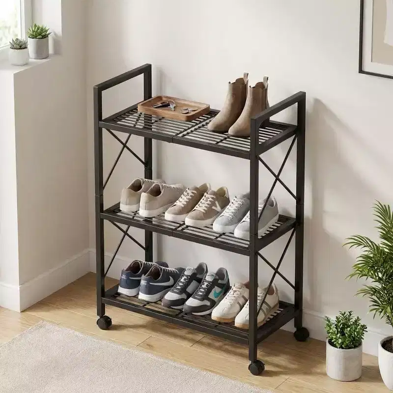3-Tier Metal Storage Rack with Wheels, 23.6 in Rolling Mesh Shelving Unit for Kitchen Bathroom Entryway, Black